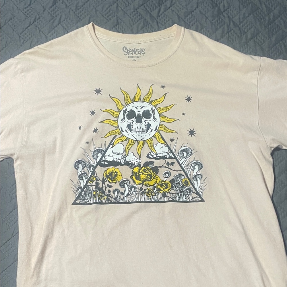 Spencer's Beige Tee with Sun and Skull Graphic